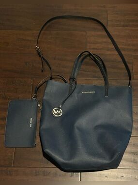 Michael Kors Navy Leather Tote with Removable Pouch and MK Charm